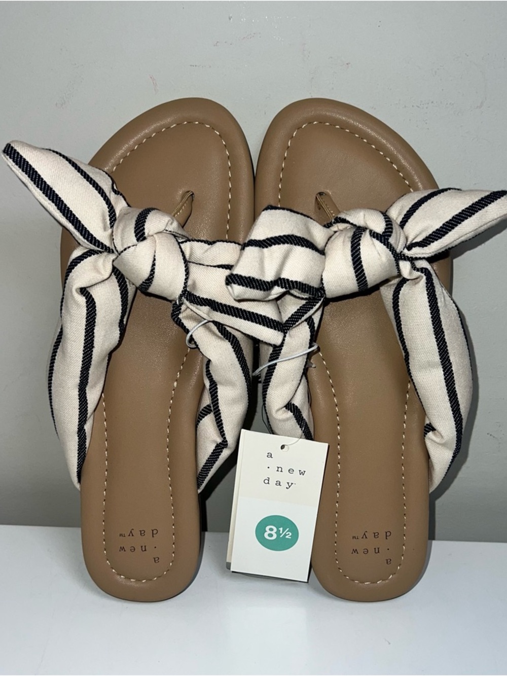 A New Day Adley Off White Navy Blue Stripe Flat Sandals with Bow